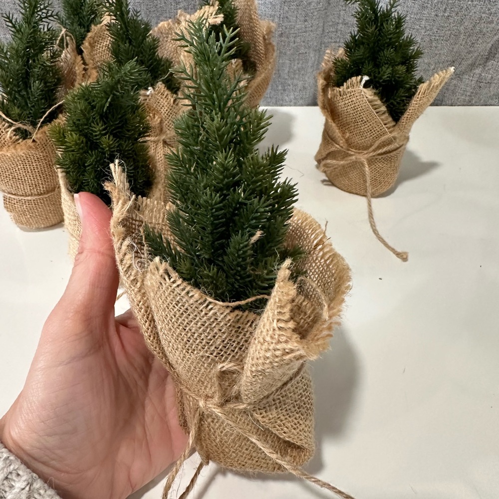 7 Mini Christmas desktop/table green artificial pine tree with burlap. - Picture 4 of 6